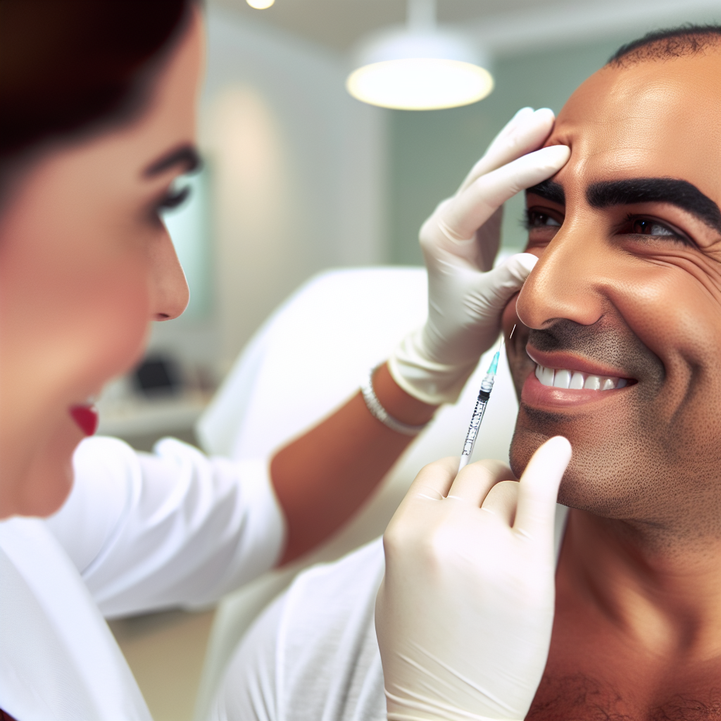 A professional aesthetic clinic setting with a close-up of a medical professional administering a Botox injection to a smiling patient. The patient, a woman in her 30s or 40s, has smooth, youthful skin. The medical professional is wearing gloves and holding a syringe carefully, ensuring precision. The clinic environment is clean, modern, and well-lit, with a calming ambiance. The focus is on the forehead or crow’s feet area, demonstrating the treatment process in a professional and reassuring manner