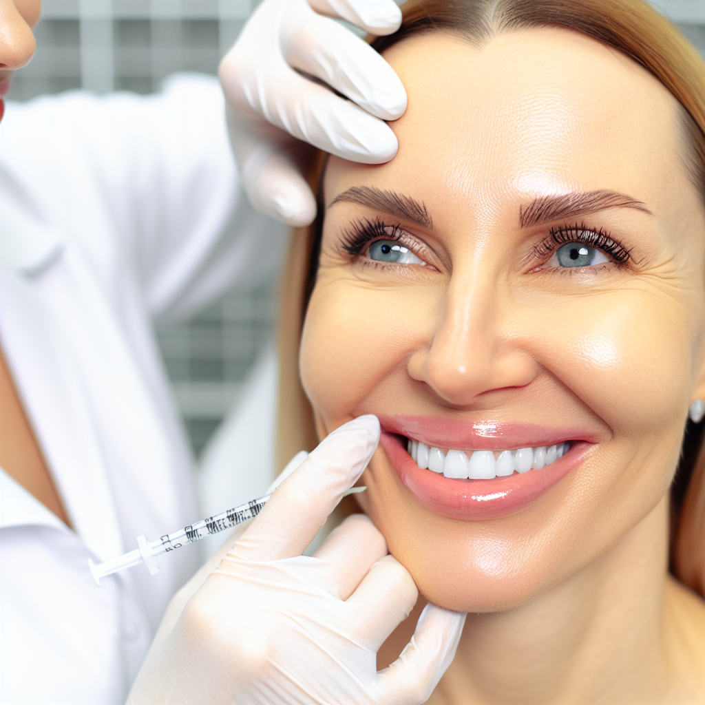 A professional aesthetic clinic setting with a close-up of a medical professional administering a Botox injection to a smiling patient. The patient, a woman in her 30s or 40s, has smooth, youthful skin. The medical professional is wearing gloves and holding a syringe carefully, ensuring precision. The clinic environment is clean, modern, and well-lit, with a calming ambiance. The focus is on the forehead or crow’s feet area, demonstrating the treatment process in a professional and reassuring manner