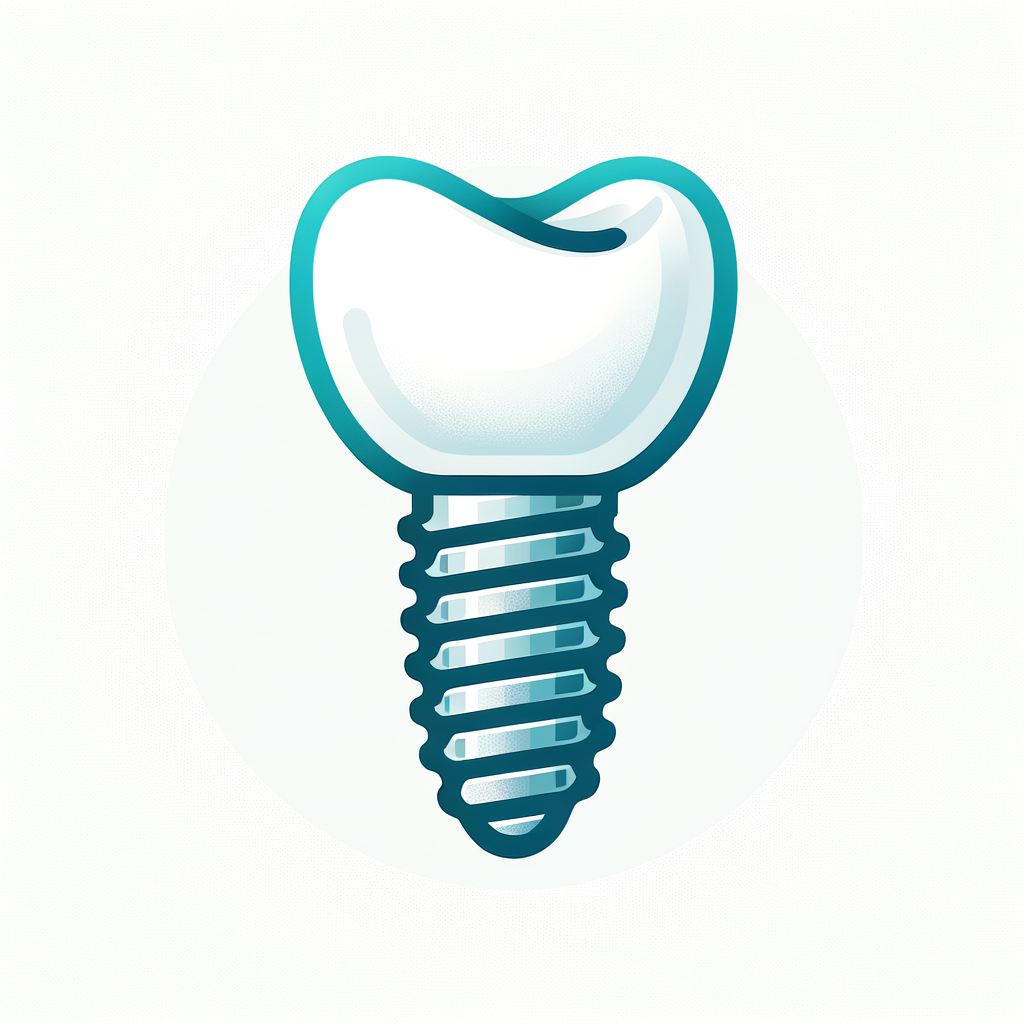 Create a clean, modern SVG icon of a dental implant. The icon should feature a titanium screw-like implant post embedded in the jawbone, supporting a realistic tooth crown on top. The design should be minimalistic, with smooth lines and a professional, medical aesthetic. The icon should be easily recognizable and suitable for use on a website button. Use a neutral color palette such as shades of white, and teal on a white background to convey a professional and dental-themed look