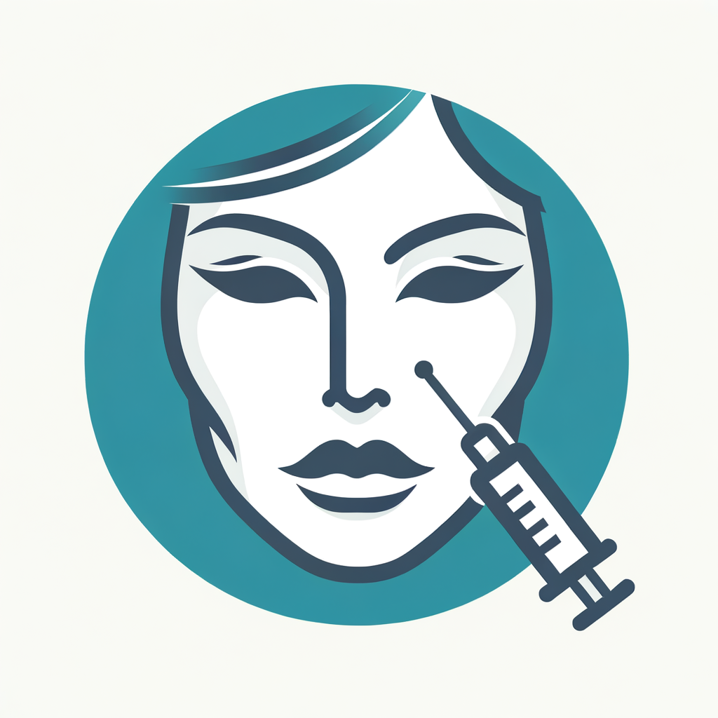 Create a minimalistic SVG icon representing Dermal Filler treatment. The design should feature a stylized face with plump lips and smooth contours, along with a subtle syringe icon near the cheek or lips, symbolizing volume restoration and facial enhancement. Use a teal and white color palette on a white background for a clean, modern, and professional look. The icon should be simple, elegant, and easily recognizable as a Dermal Filler treatment symbol