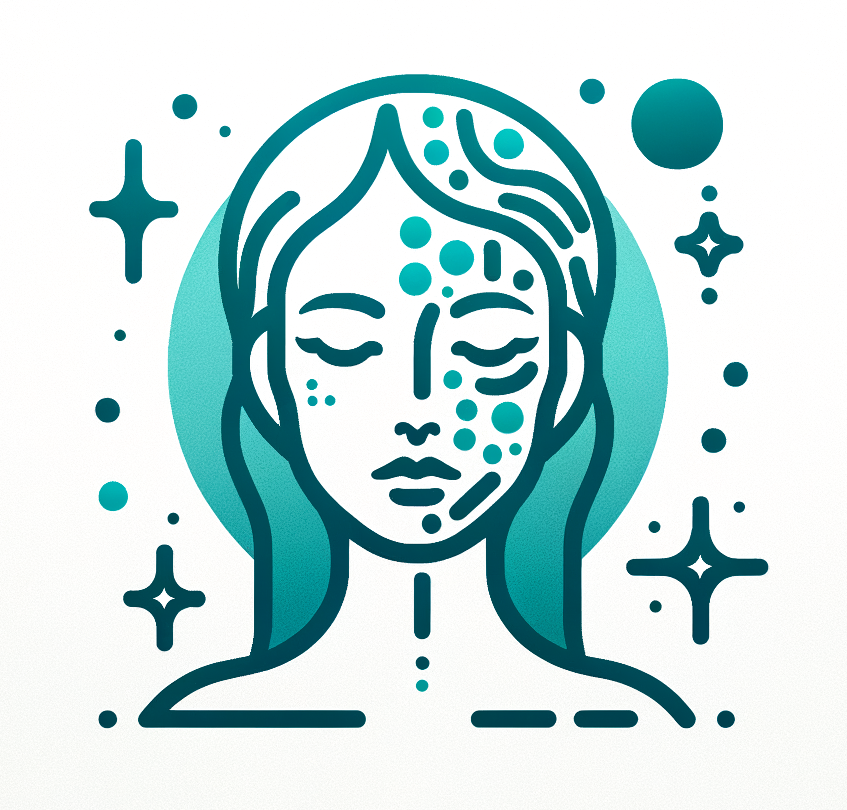 Create a minimalistic SVG icon representing Plasma Rich Platelets (PRP) for Skin Acne Treatment. The design should feature a stylized face outline with glowing skin, accompanied by small circular plasma droplets or sparkles to symbolize skin rejuvenation and healing. Use a teal and white color palette on a white background for a clean and modern aesthetic. The icon should be simple, professional, and easily recognizable as a cosmetic skin treatment symbol."