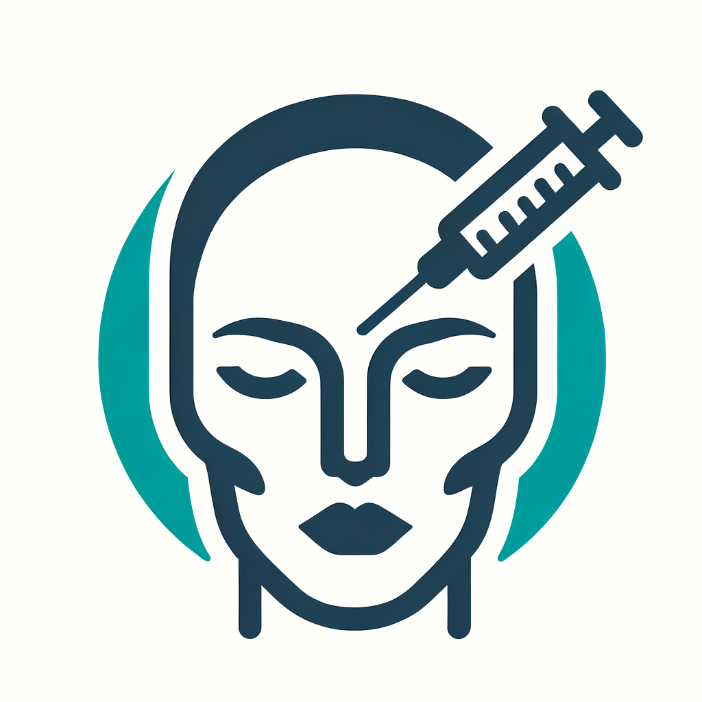 Create a minimalistic SVG icon representing Botox treatments. The design should feature a stylized face with a smooth forehead and a subtle syringe icon near the temple, symbolizing wrinkle reduction and anti-aging treatment. Use a teal and white color palette on a white background for a clean, modern, and professional look. The icon should be simple, elegant, and easily recognizable as a Botox treatment symbol