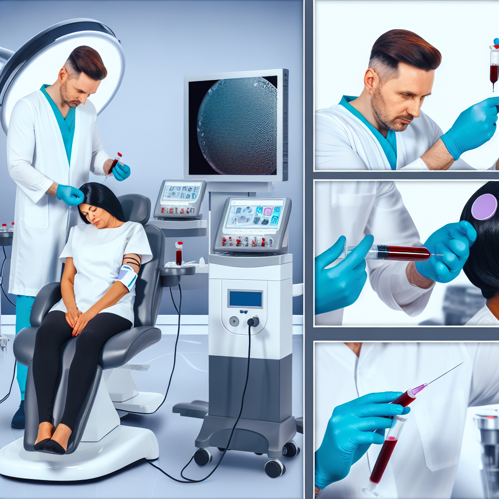 Create a professional image of a medical practitioner performing a PRP (Platelet-Rich Plasma) treatment for hair growth on a patient in a modern clinic. The practitioner is drawing the patient's blood, preparing the PRP serum, and preparing to inject it into the patient's scalp. The patient is seated comfortably, and the clinic has advanced medical equipment visible in the background. The image should focus on the precision and effectiveness of the PRP hair treatment, highlighting its non-surgical nature and the focus on promoting hair regrowth.