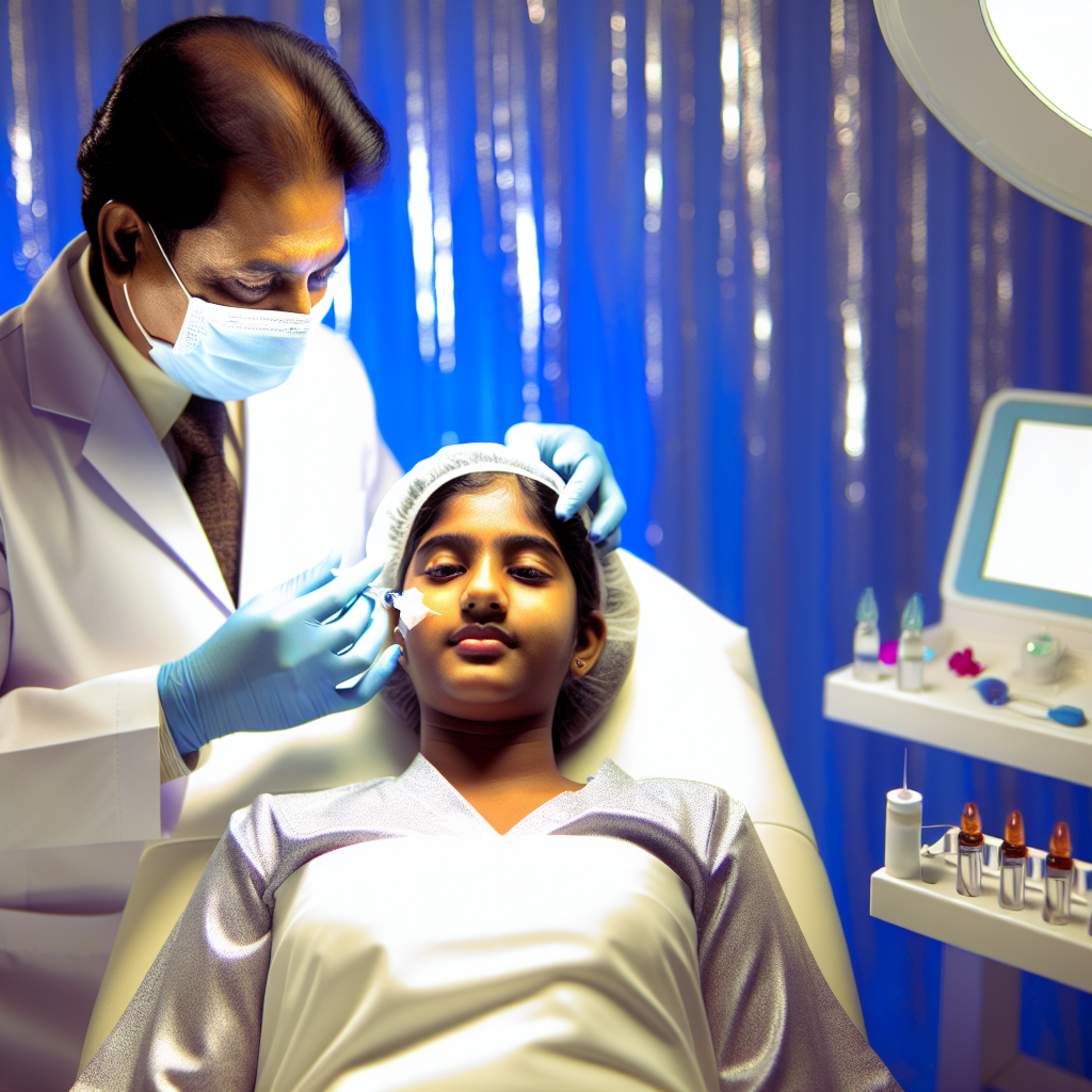 Create a professional image of an indiandermatologist performing a PRP (Platelet-Rich Plasma) treatment on a teenage female patient’s face to reduce acne scarring. The patient is lying comfortably in a modern cosmetic clinic, with the practitioner carefully injecting the PRP serum into targeted areas of the patient's face. The image should emphasize the rejuvenating effects of the treatment, focusing on the use of the patient's own blood for skin healing. The clinic is well-lit, with advanced skincare equipment visible, and the focus should be on the non-surgical, rejuvenating nature of the procedure