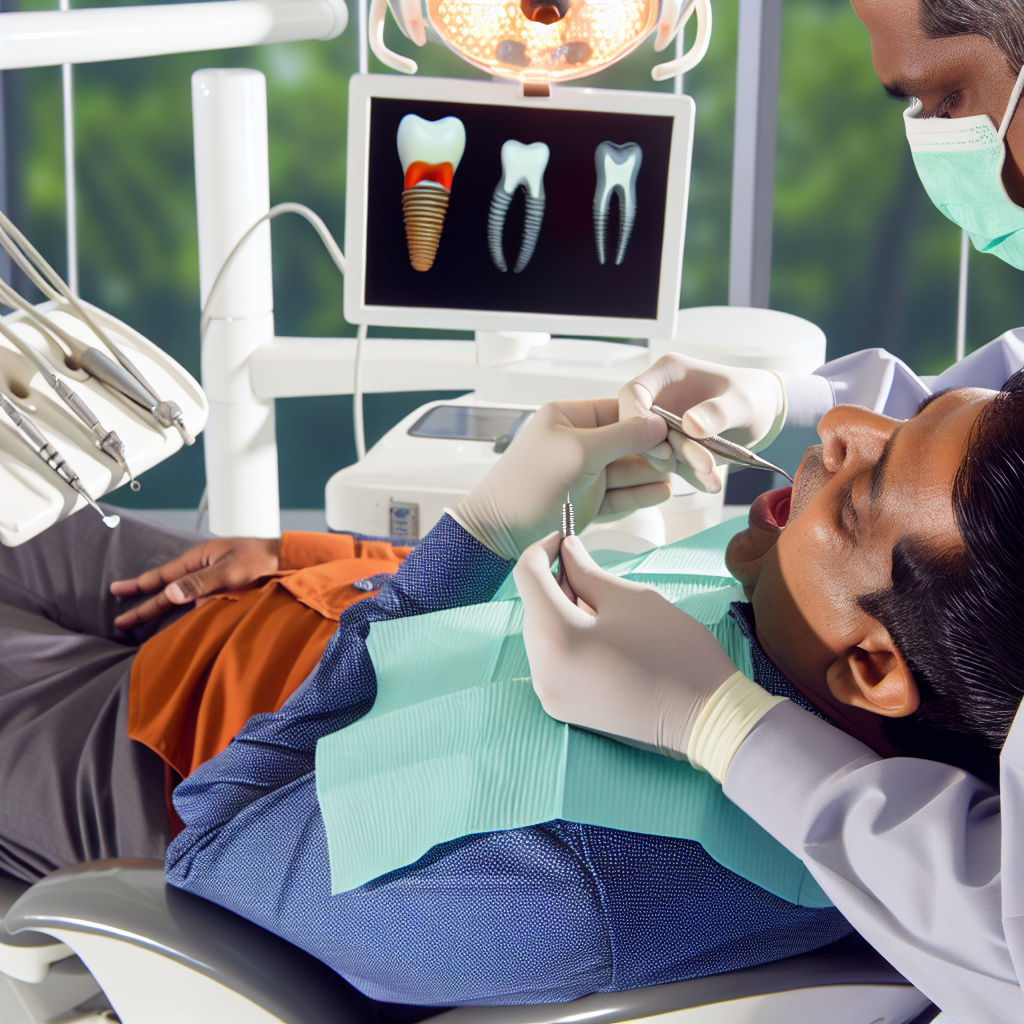 Create a realistic image of an indian dentist performing a dental implant procedure in a modern dental clinic. The dentist is placing a titanium dental implant into the patient’s jawbone, with the focus on the precision and care involved in the surgery. The patient is seated comfortably in a dental chair, and the clinic has advanced dental equipment visible in the background. The image should emphasize the durability, functionality, and aesthetics of dental implants, highlighting the process of restoring natural teeth with an artificial tooth root.