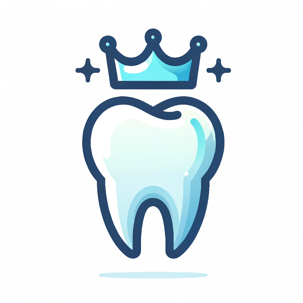 Create a sleek, modern SVG dental crown icon for a website’s front page. Design a minimalist tooth with a dental crown placed on top, symbolizing tooth restoration. Use crisp, clean lines and a gradient or solid palette in soft blues, whites, or teals. Ensure the icon is scalable and set on a white background for a professional, polished look