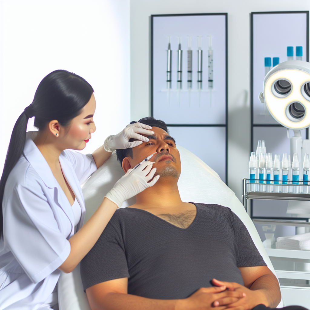 Create an image of a professional cosmetic practitioner performing a dermal filler treatment on a patient in a modern aesthetic clinic. The patient is seated comfortably, and the practitioner is carefully injecting dermal filler into the patient's cheek and under-eye area to restore volume and smooth wrinkles. The clinic should have clean, advanced equipment in the background, emphasizing the non-surgical nature of the procedure. The focus should be on the rejuvenating effects, highlighting the youthful and refreshed appearance the treatment provides